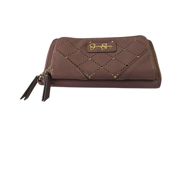 Jessica Simpson Patrice Zippered Wallet Wristlet Faux Leather Gold Eyelet - Picture 3 of 14